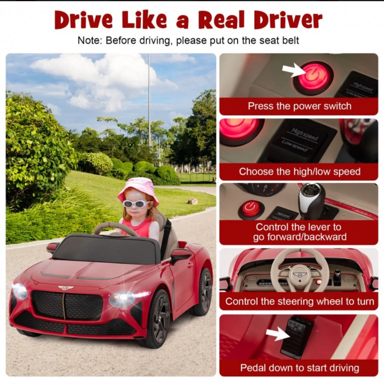 2025 Licensed 12V Bentley Bacalar Ride On Car 1 Seater Upgraded | Seatbelt | Push To Start Button | Music | Lights | Remote