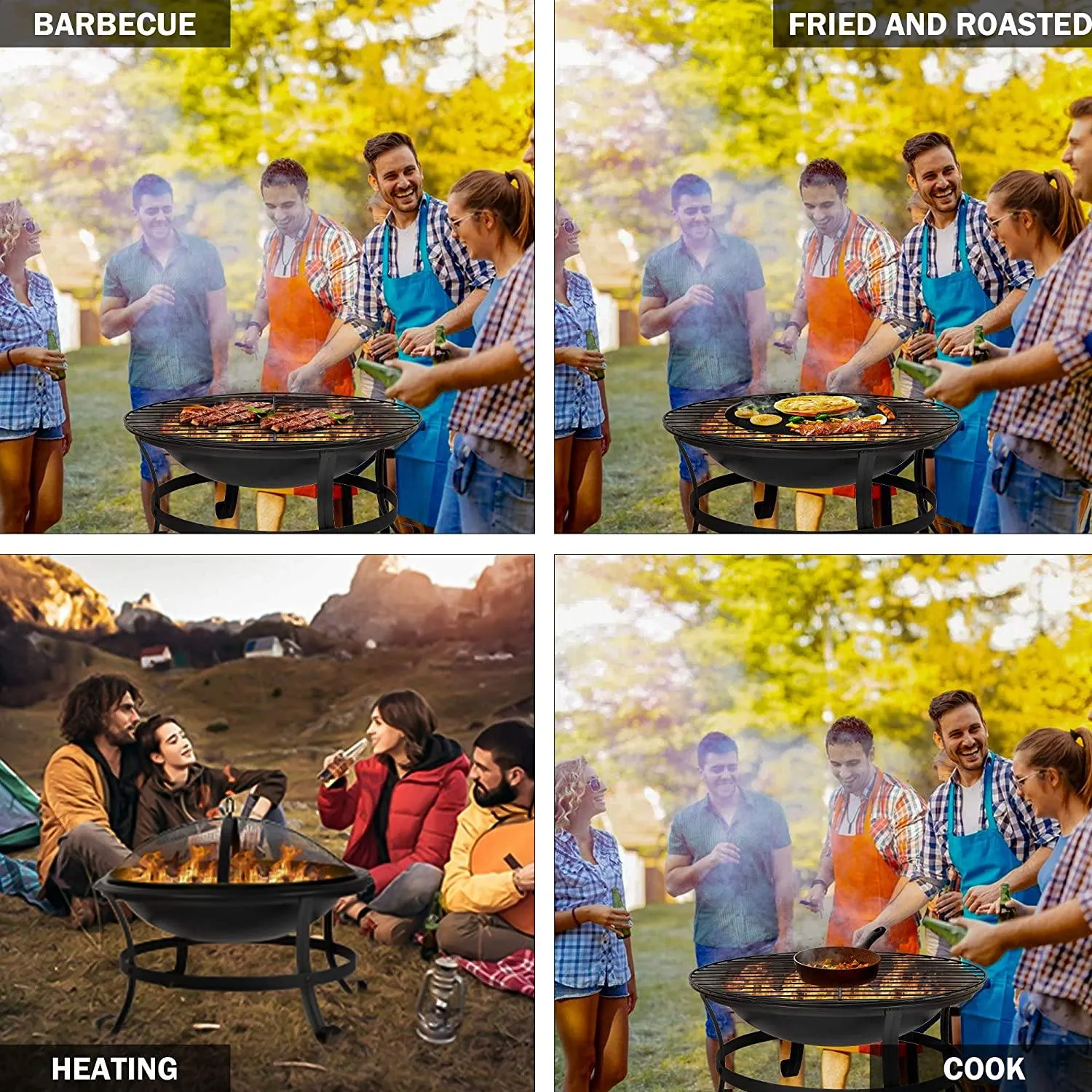 22-Inch Outdoor Wood-Burning BBQ Grill Fire Pit with Round Mesh Spark Screen Cover