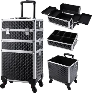 3 in 1 Rolling Makeup Train Case Professional Cosmetic Trolley Large Storage with Keys Swivel Wheels Salon Barber Case Traveling Cart Trunk for Make up Hairstylists Nail Tech, Vintage Black
