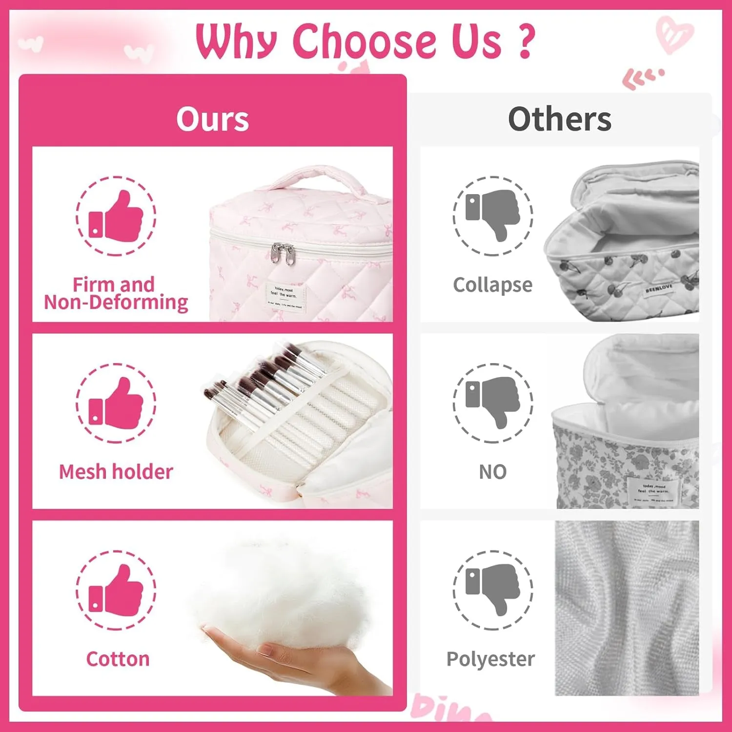 3 Piece Cute Pink Bow Quilted Makeup Bag Set, Large Capacity Travel Makeup Bags for Women and Girls, Includes Small, Medium, and Extra Large Aesthetic Makeup&Cosmetic Bags
