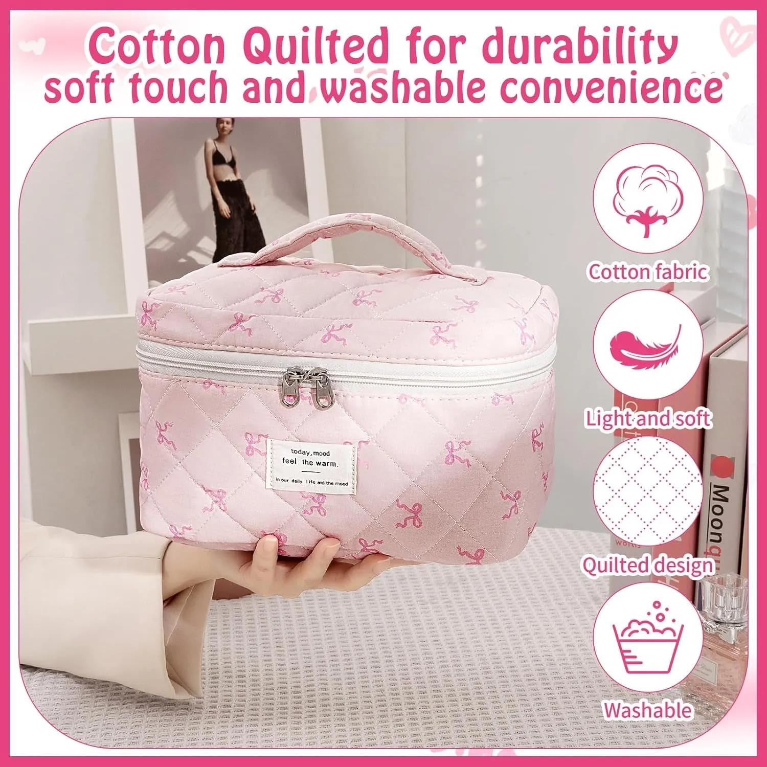 3 Piece Cute Pink Bow Quilted Makeup Bag Set, Large Capacity Travel Makeup Bags for Women and Girls, Includes Small, Medium, and Extra Large Aesthetic Makeup&Cosmetic Bags