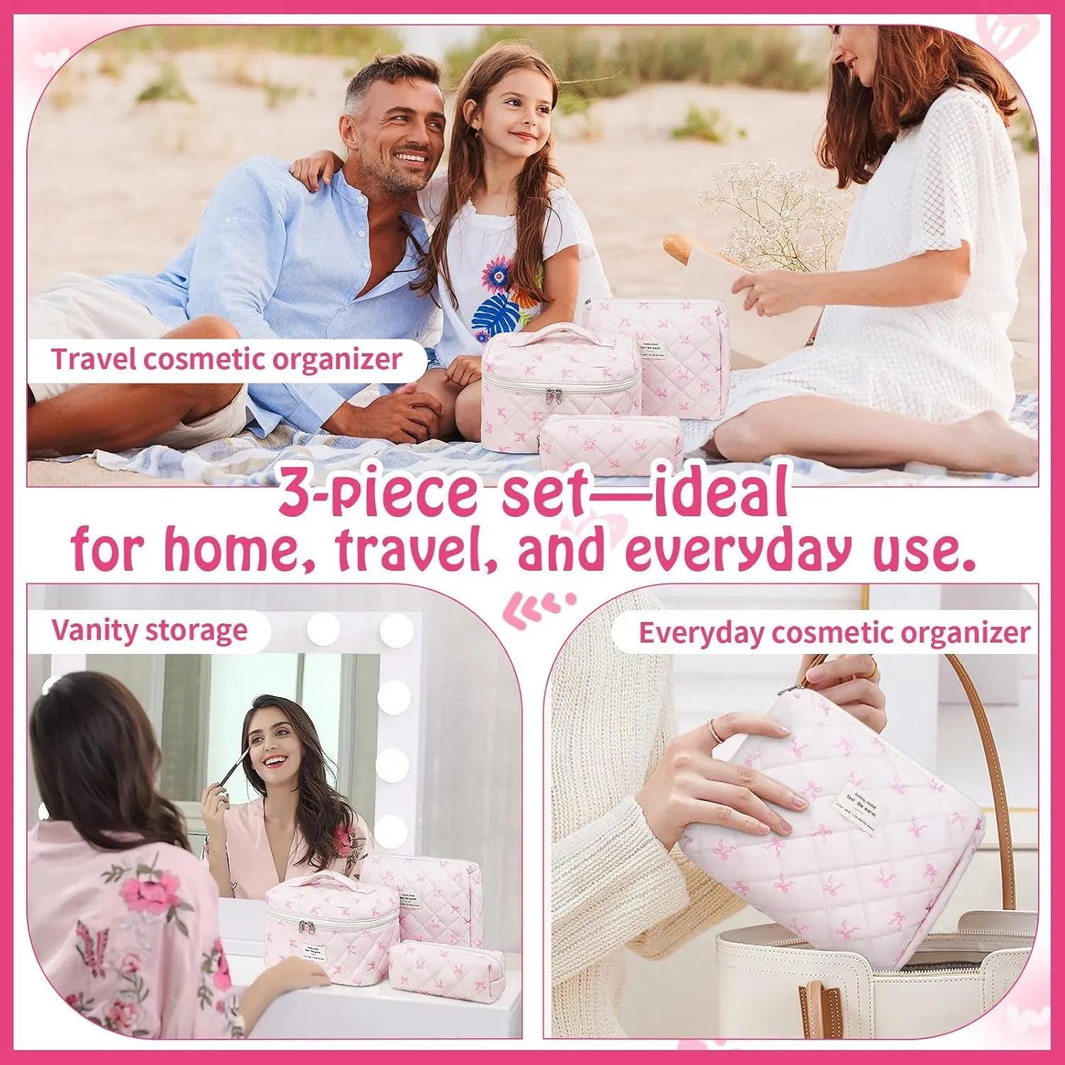 3 Piece Cute Pink Bow Quilted Makeup Bag Set, Large Capacity Travel Makeup Bags for Women and Girls, Includes Small, Medium, and Extra Large Aesthetic Makeup&Cosmetic Bags