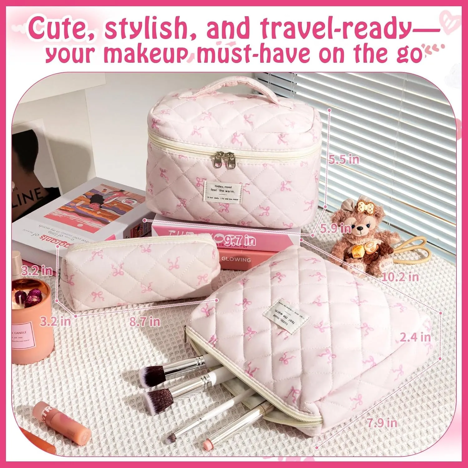 3 Piece Cute Pink Bow Quilted Makeup Bag Set, Large Capacity Travel Makeup Bags for Women and Girls, Includes Small, Medium, and Extra Large Aesthetic Makeup&Cosmetic Bags