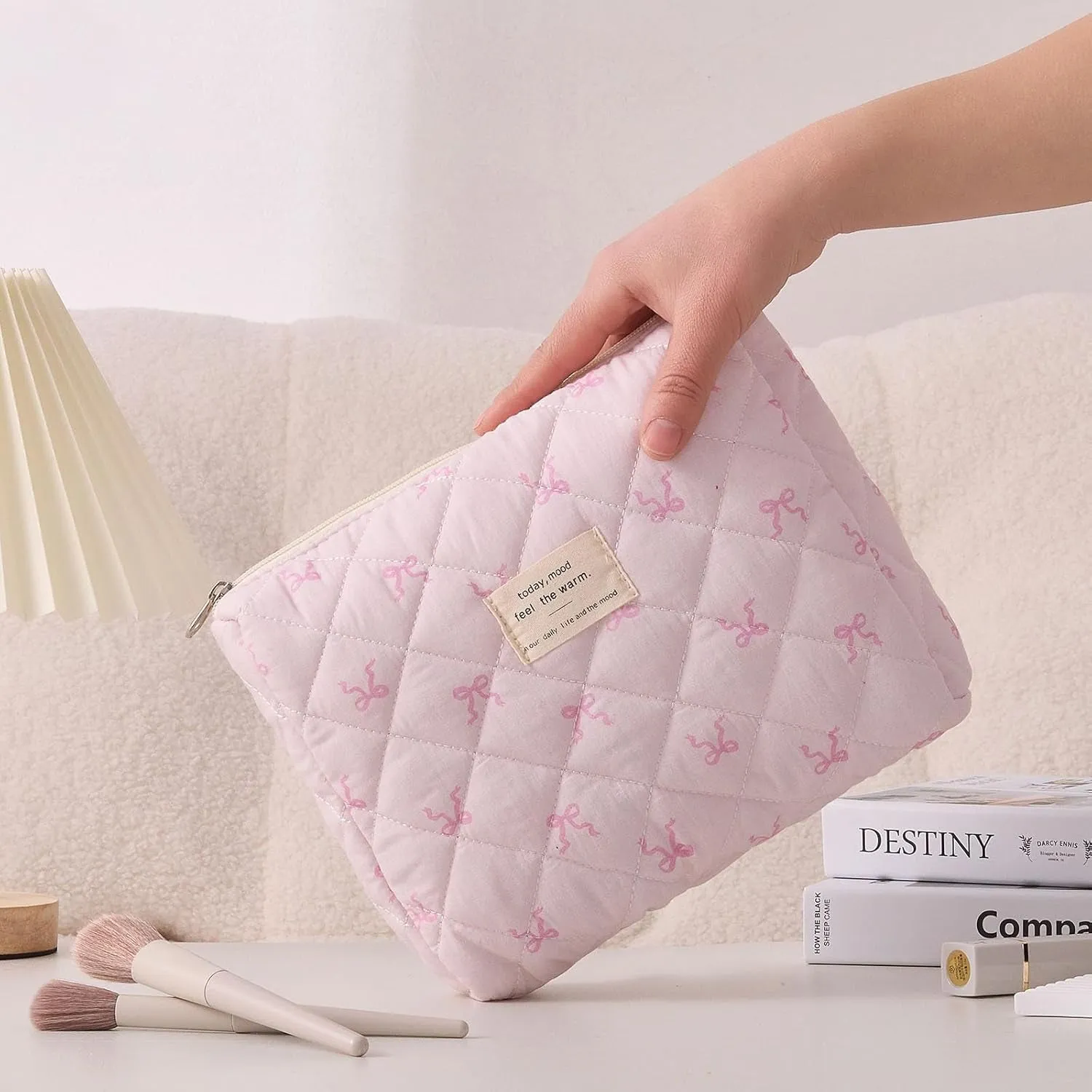 3 Piece Cute Pink Bow Quilted Makeup Bag Set, Large Capacity Travel Makeup Bags for Women and Girls, Includes Small, Medium, and Extra Large Aesthetic Makeup&Cosmetic Bags