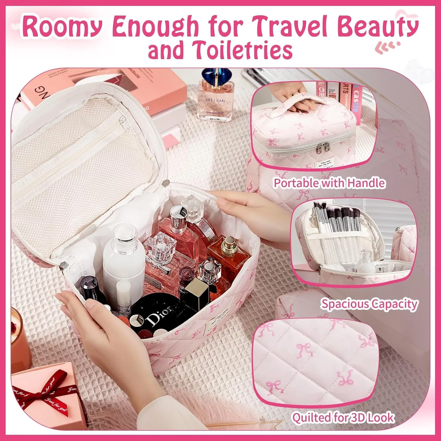 3 Piece Cute Pink Bow Quilted Makeup Bag Set, Large Capacity Travel Makeup Bags for Women and Girls, Includes Small, Medium, and Extra Large Aesthetic Makeup&Cosmetic Bags
