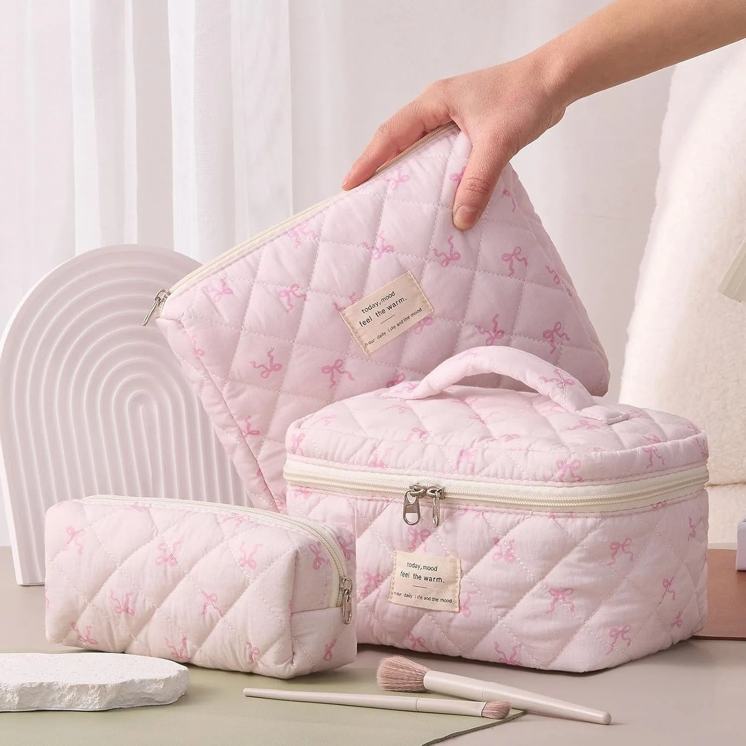 3 Piece Cute Pink Bow Quilted Makeup Bag Set, Large Capacity Travel Makeup Bags for Women and Girls, Includes Small, Medium, and Extra Large Aesthetic Makeup&Cosmetic Bags