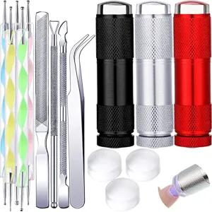 3 Pieces Mini UV LED Nail Lamp for Gel Nails with 3 Silicone Heads,5 Nail Dotting Pens,3 Nail Files Manicure Tool 1 Elbow Tweezer for Women Girl Manicure Art Decor