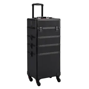 4 in 1 Professional Makeup Train Case Aluminum Cosmetic Case Rolling Makeup Case Extra Large Trolley Makeup Travel Organizer, with 360° Swivel Wheels, Black