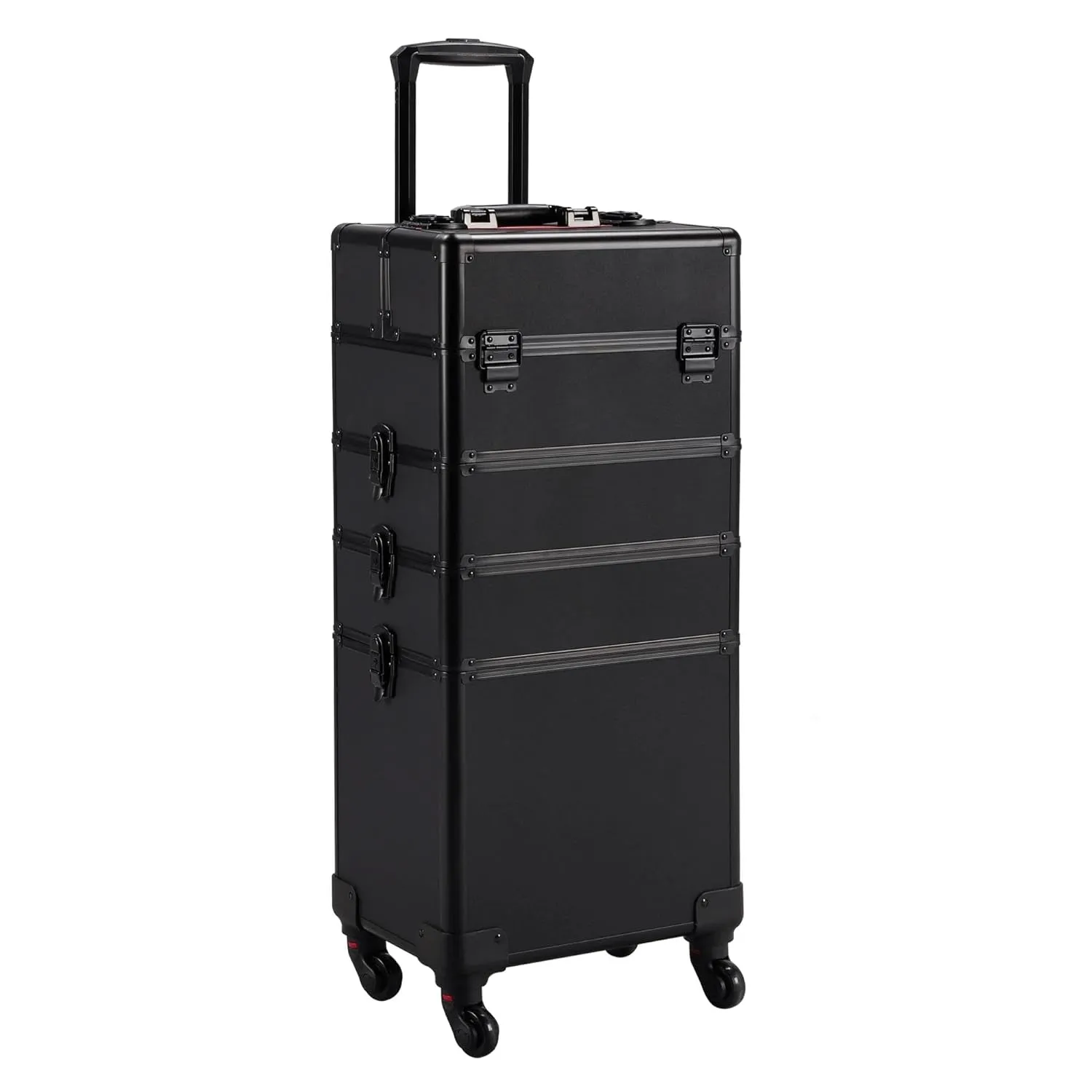 4 in 1 Professional Makeup Train Case Aluminum Cosmetic Case Rolling Makeup Case Extra Large Trolley Makeup Travel Organizer, with 360° Swivel Wheels, Black