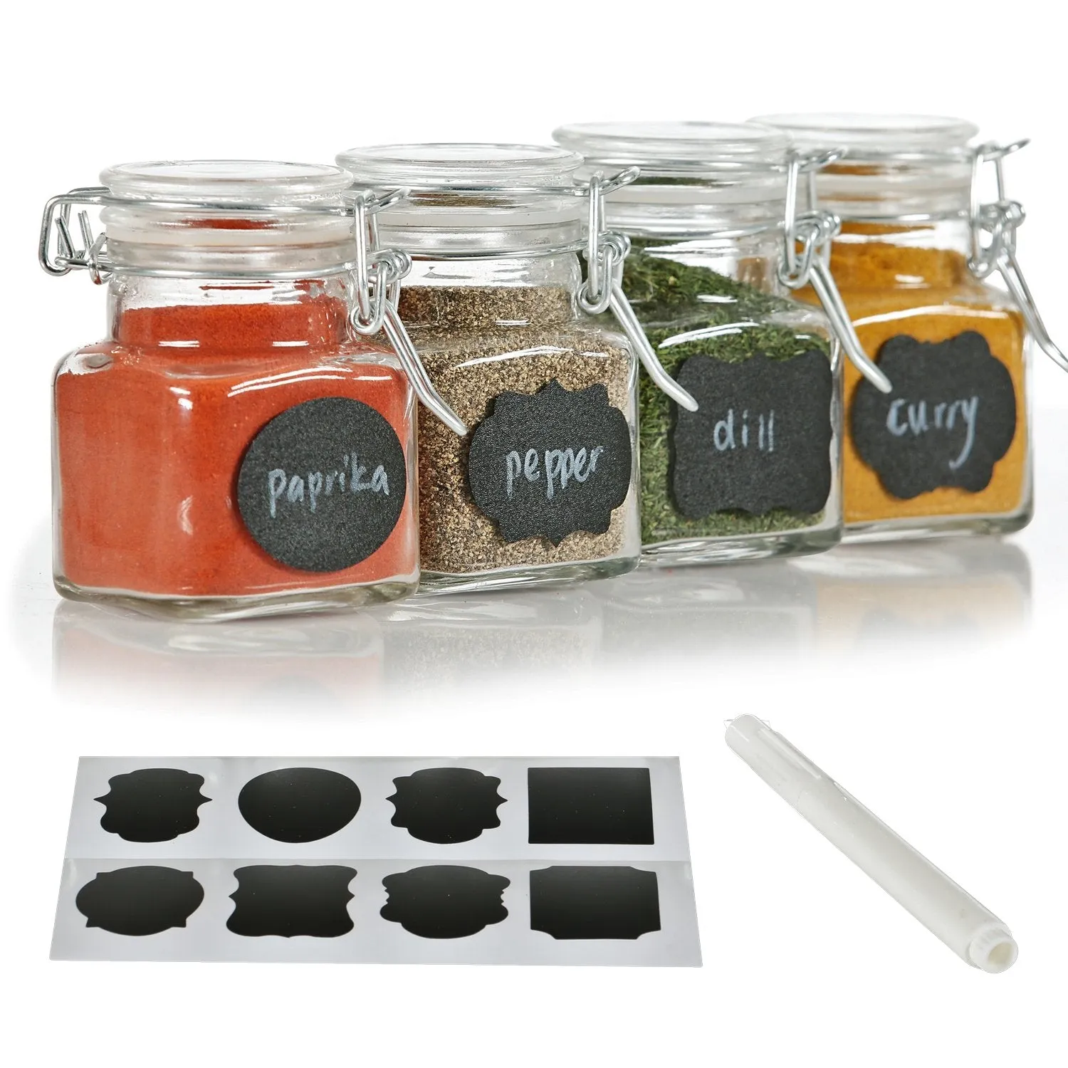 4 Pack - Reusable Clear Glass Kitchen Containers Set with Airtight Lids for Canning, Storage Jars for Tea, Spice, Kitchen Rack Glass Set w/Reusable Labels, Clear Containers for DIY Materials (4)