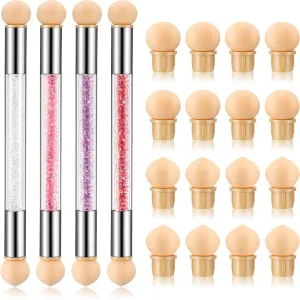 4 Pieces Sponge Nail Brush Picking Dotting Gradient Pen Brush Double Head Sponge Nail Brush Rhinestone Handle Acrylic Nail Painting Brush with 16 Pieces Replacement Head for Nail Art Manicure