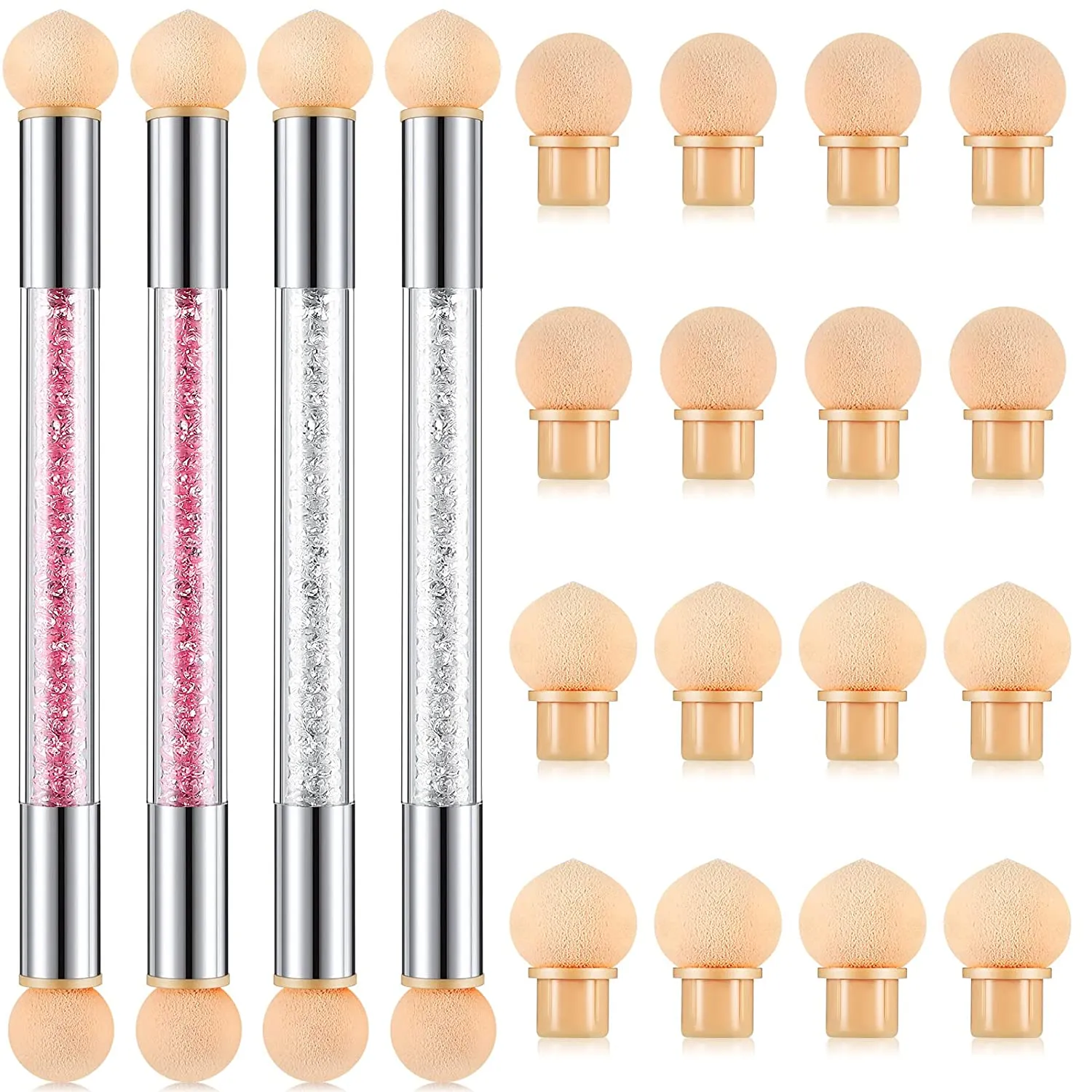 4 Pieces Sponge Nail Brush Picking Dotting Gradient Pen Brush Double Head Sponge Nail Brush Rhinestone Handle Acrylic Nail Painting Brush with 16 Pieces Replacement Head for Nail Art Manicure