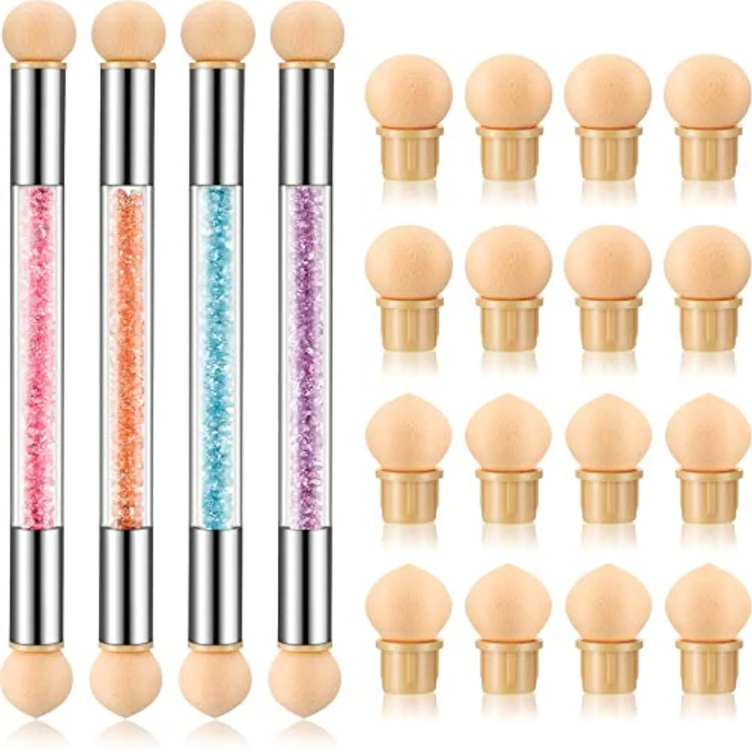 4 Pieces Sponge Nail Brush Picking Dotting Gradient Pen Brush Double Head Sponge Nail Brush Rhinestone Handle Acrylic Nail Painting Brush with 16 Pieces Replacement Head for Nail Art Manicure