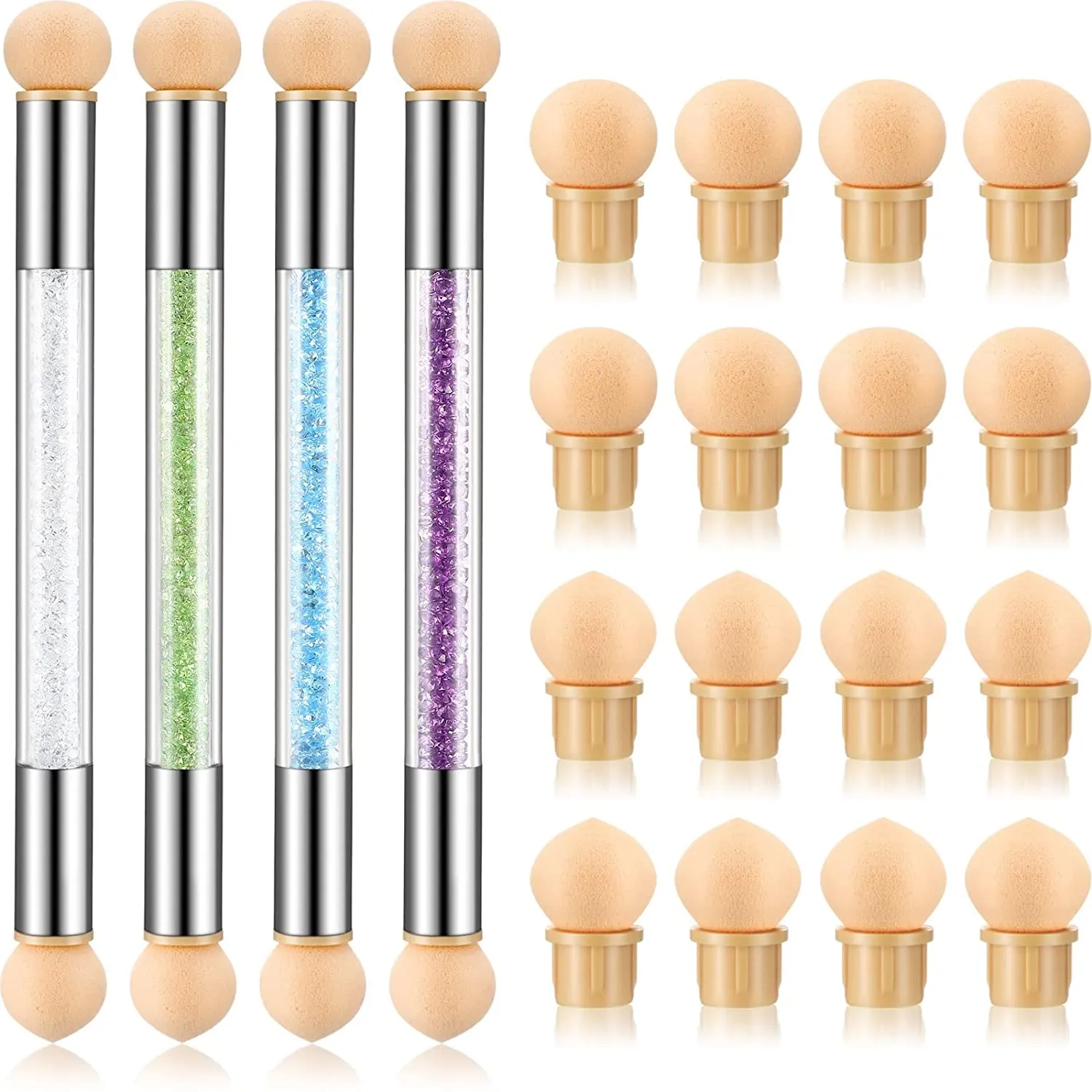 4 Pieces Sponge Nail Brush Picking Dotting Gradient Pen Brush Double Head Sponge Nail Brush Rhinestone Handle Acrylic Nail Painting Brush with 16 Pieces Replacement Head for Nail Art Manicure