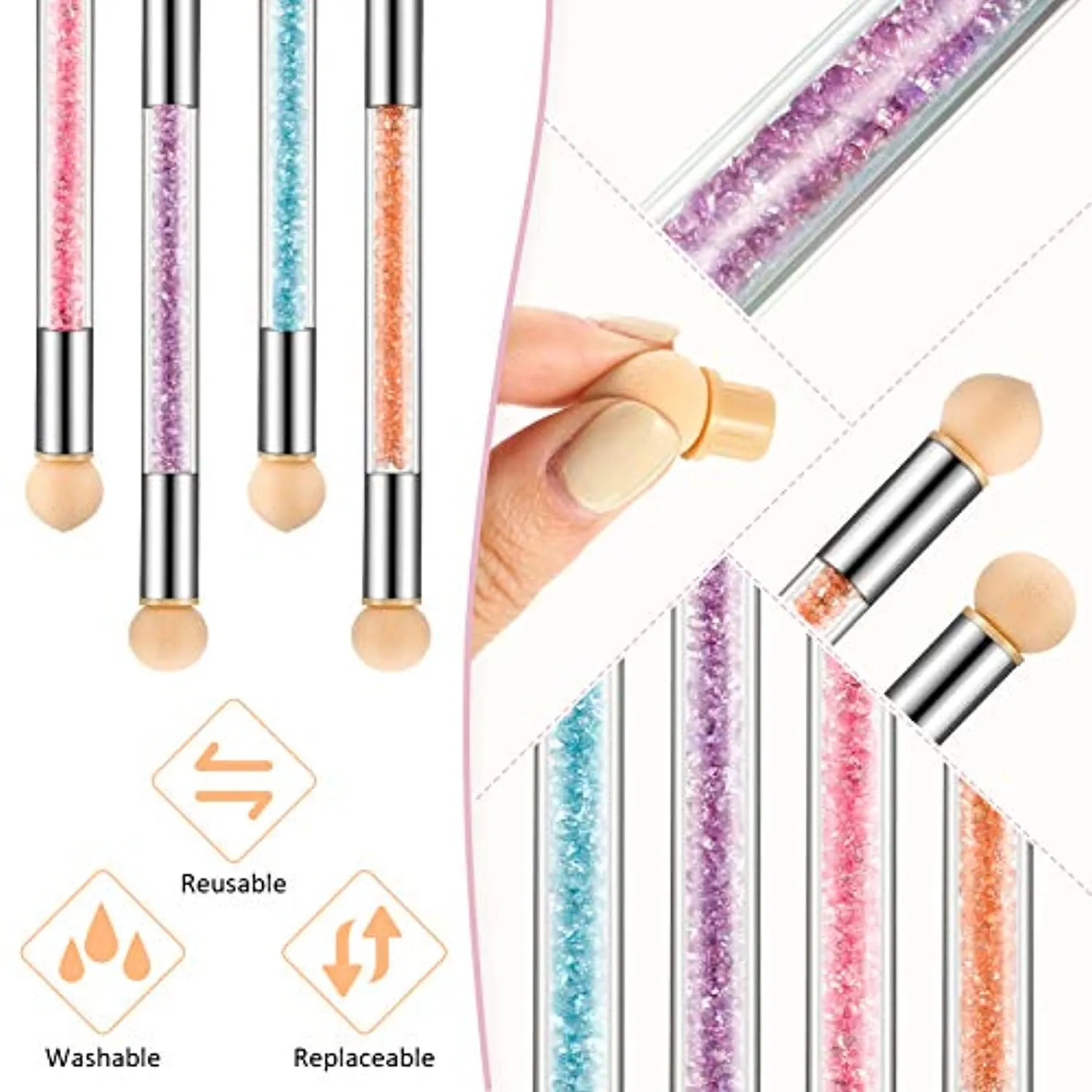 4 Pieces Sponge Nail Brush Picking Dotting Gradient Pen Brush Double Head Sponge Nail Brush Rhinestone Handle Acrylic Nail Painting Brush with 16 Pieces Replacement Head for Nail Art Manicure