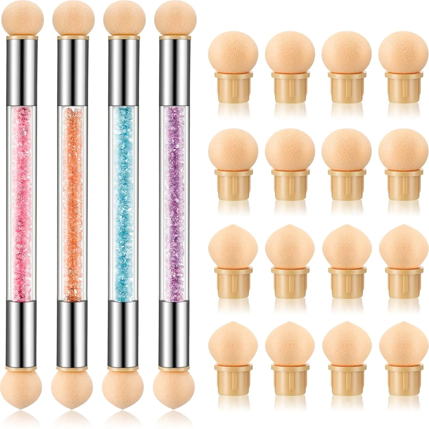 4 Pieces Sponge Nail Brush Picking Dotting Gradient Pen Brush Double Head Sponge Nail Brush Rhinestone Handle Acrylic Nail Painting Brush with 16 Pieces Replacement Head for Nail Art Manicure