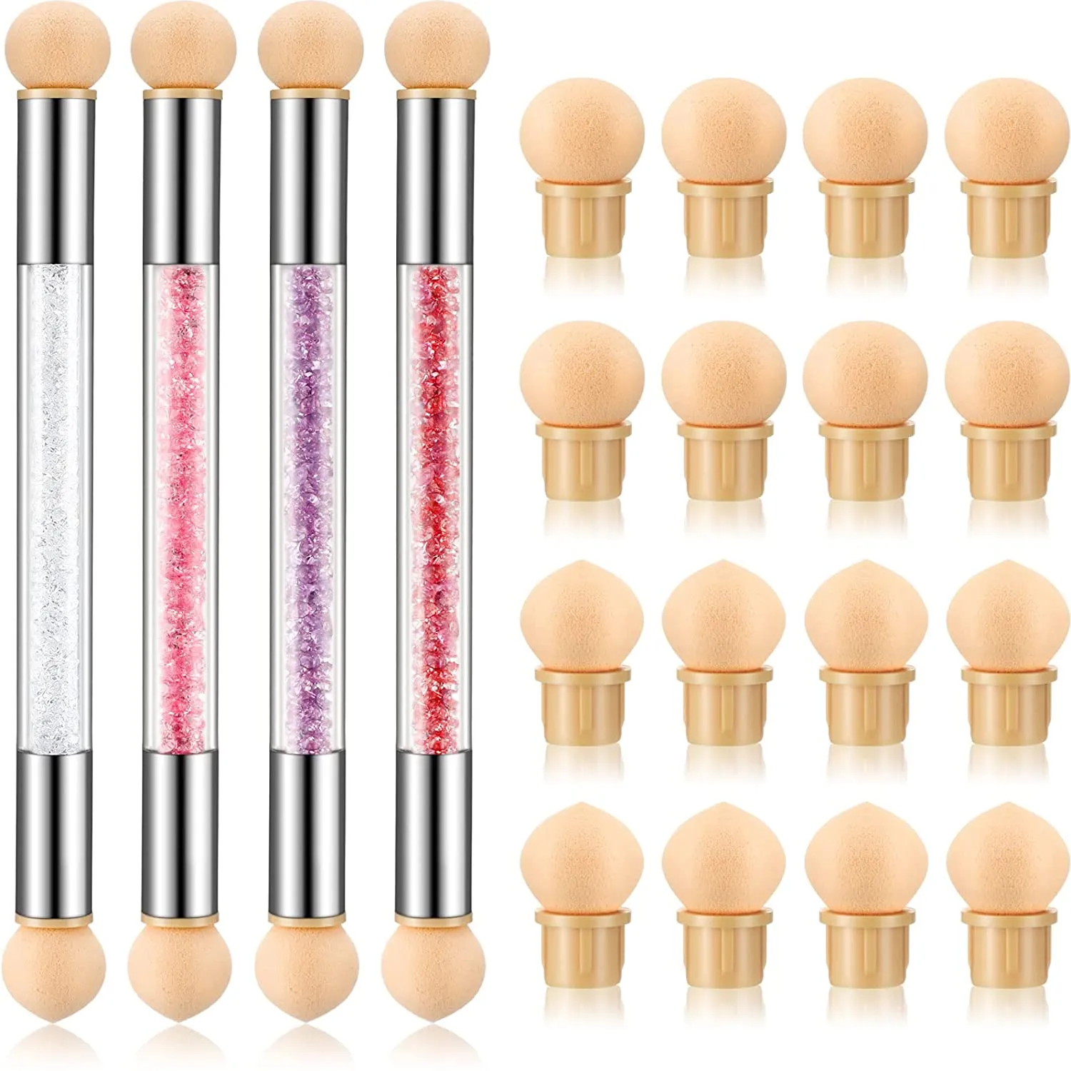 4 Pieces Sponge Nail Brush Picking Dotting Gradient Pen Brush Double Head Sponge Nail Brush Rhinestone Handle Acrylic Nail Painting Brush with 16 Pieces Replacement Head for Nail Art Manicure