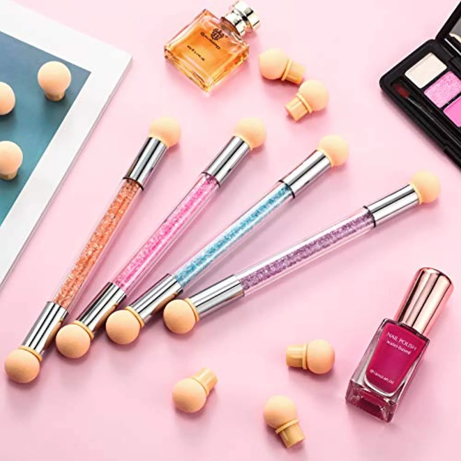 4 Pieces Sponge Nail Brush Picking Dotting Gradient Pen Brush Double Head Sponge Nail Brush Rhinestone Handle Acrylic Nail Painting Brush with 16 Pieces Replacement Head for Nail Art Manicure