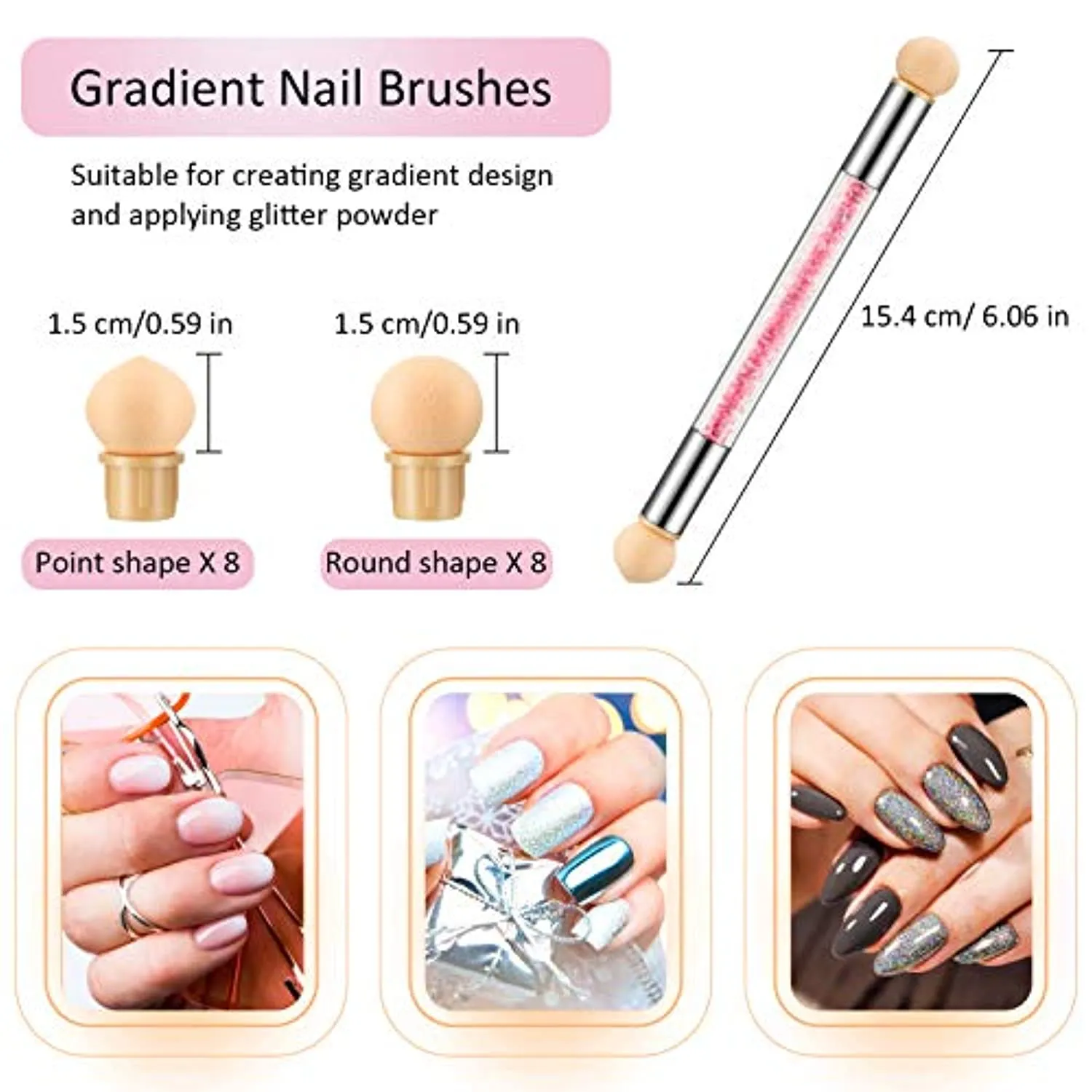4 Pieces Sponge Nail Brush Picking Dotting Gradient Pen Brush Double Head Sponge Nail Brush Rhinestone Handle Acrylic Nail Painting Brush with 16 Pieces Replacement Head for Nail Art Manicure