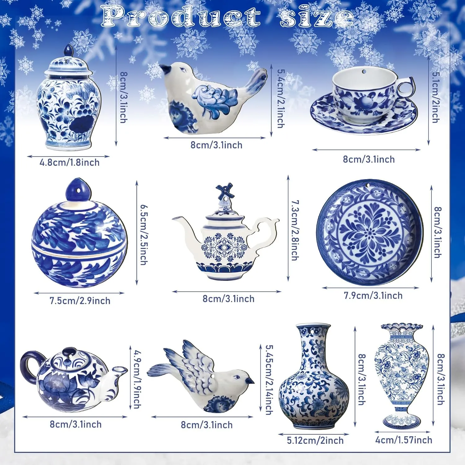 40 Pieces Christmas Chinoiserie Ornaments Blue and White Porcelain Christmas ...