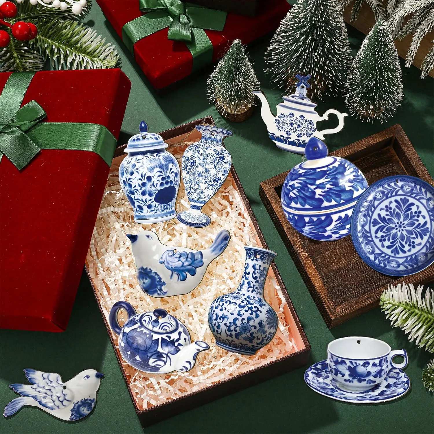 40 Pieces Christmas Chinoiserie Ornaments Blue and White Porcelain Christmas ...