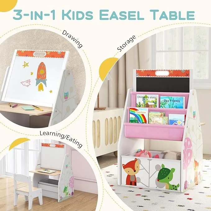 5-in-1 Montessori Compact Kids Easel | Desk & Ergonomic Chair | Sling Bookcase | Bookshelf | Storage | White | 3 Years 