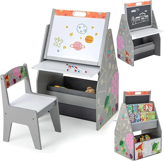 5-in-1 Montessori Compact Kids Easel | Desk & Ergonomic Chair | Sling Bookcase | Bookshelf | Storage | White | 3 Years 