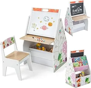 5-in-1 Montessori Compact Kids Easel | Desk & Ergonomic Chair | Sling Bookcase | Bookshelf | Storage | White | 3 Years 