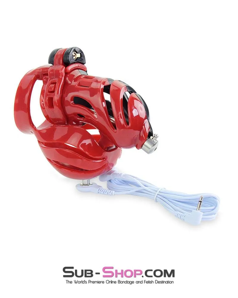 6727AE      Electro Stim Red and Black Electrical Vortex Cock and Balls Chastity Cage Sensation Device