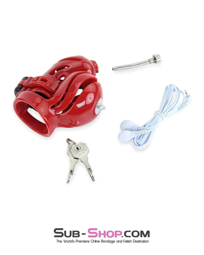 6727AE      Electro Stim Red and Black Electrical Vortex Cock and Balls Chastity Cage Sensation Device