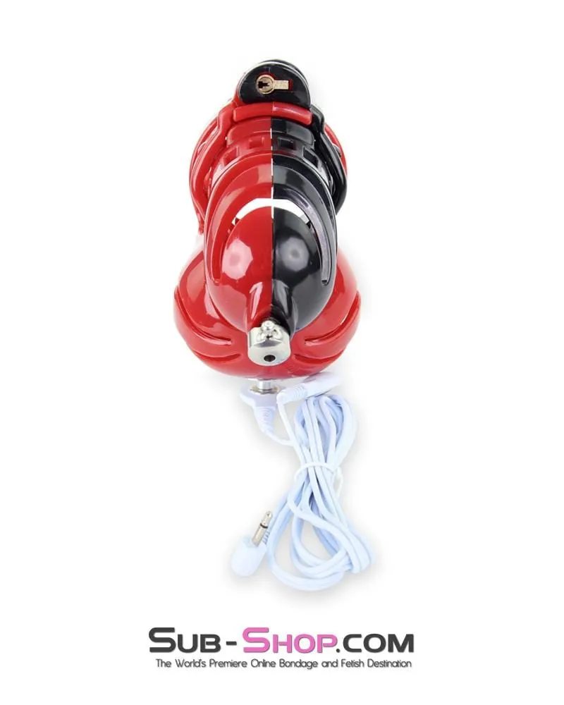 6727AE      Electro Stim Red and Black Electrical Vortex Cock and Balls Chastity Cage Sensation Device