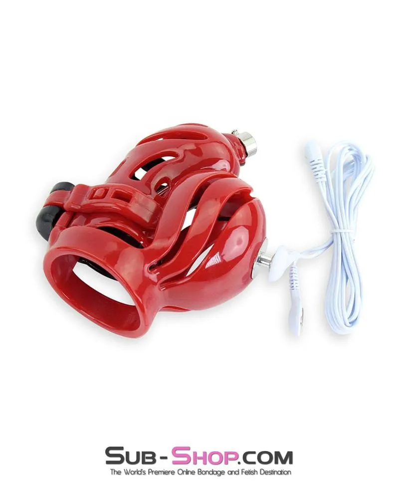 6727AE      Electro Stim Red and Black Electrical Vortex Cock and Balls Chastity Cage Sensation Device