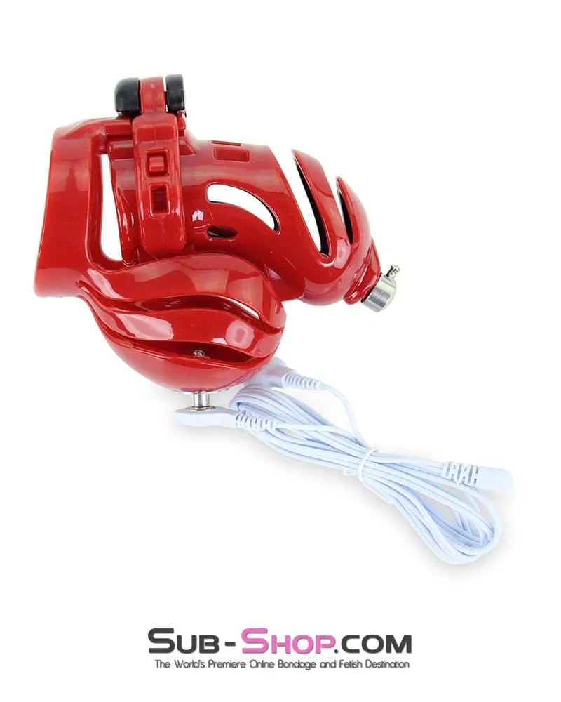 6727AE      Electro Stim Red and Black Electrical Vortex Cock and Balls Chastity Cage Sensation Device