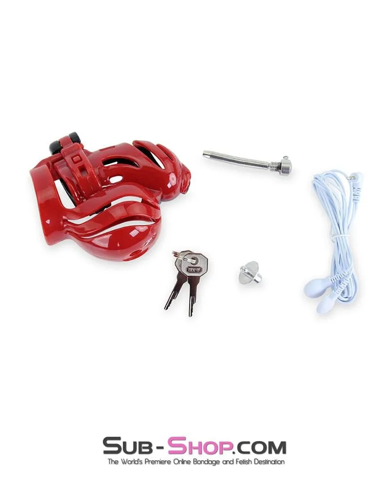 6727AE      Electro Stim Red and Black Electrical Vortex Cock and Balls Chastity Cage Sensation Device