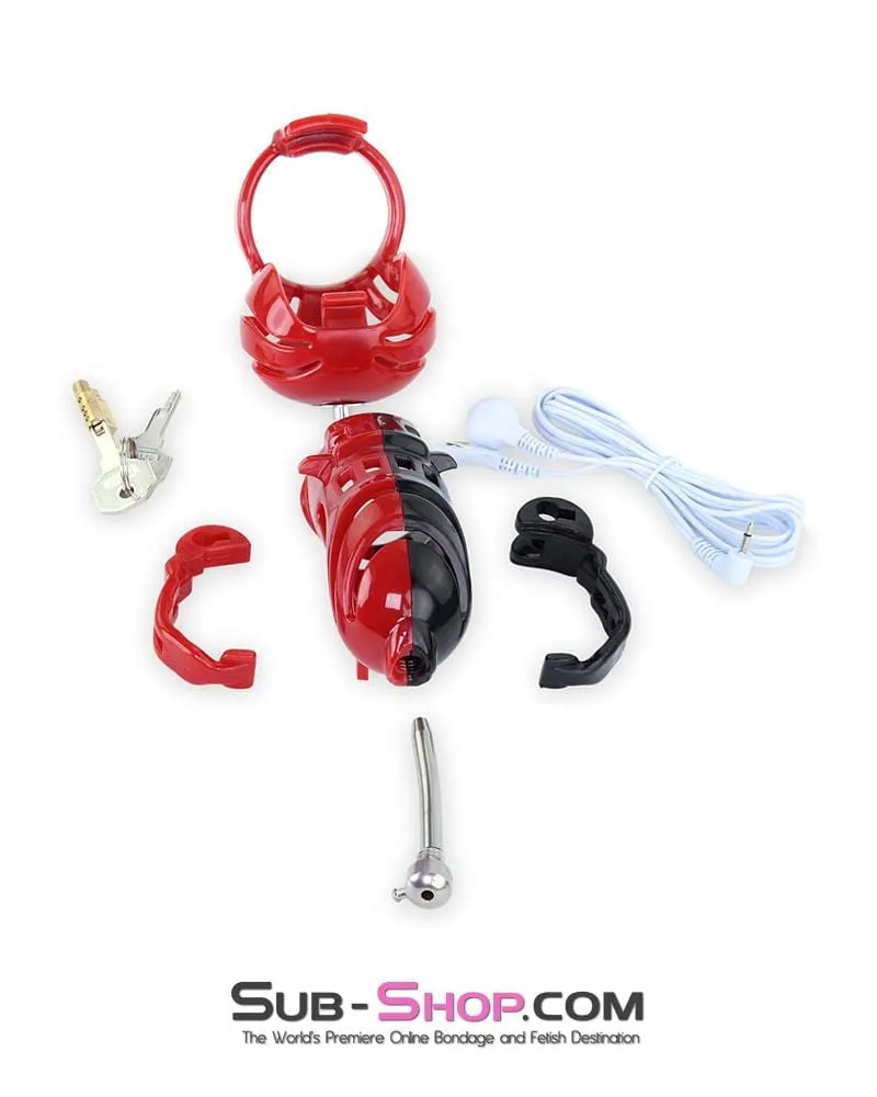 6727AE      Electro Stim Red and Black Electrical Vortex Cock and Balls Chastity Cage Sensation Device