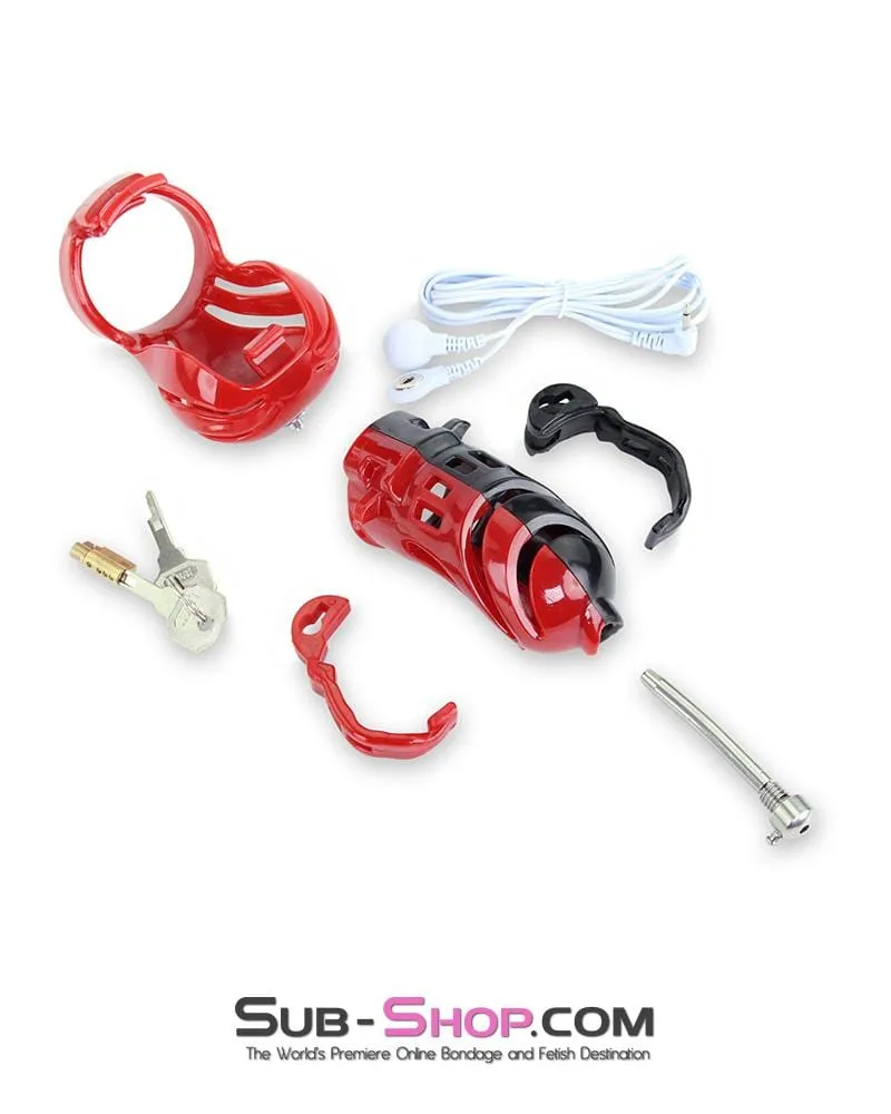 6727AE      Electro Stim Red and Black Electrical Vortex Cock and Balls Chastity Cage Sensation Device