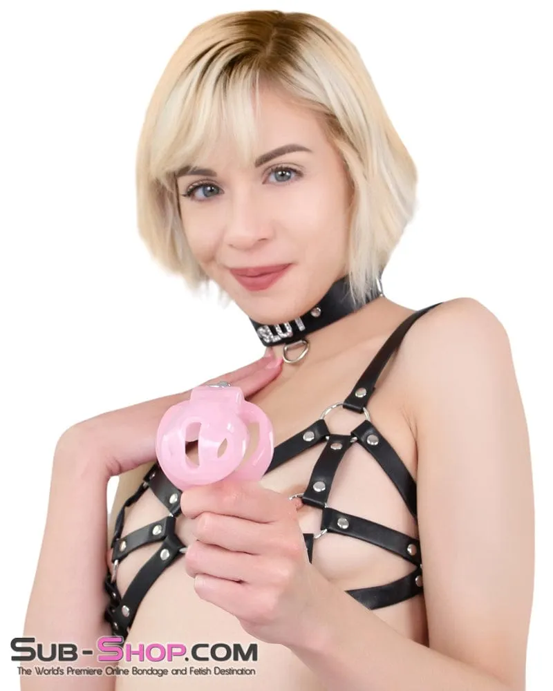 7141M      Long Pink Cock Cage with Lead Ring and Medium Cock Cuff Ring