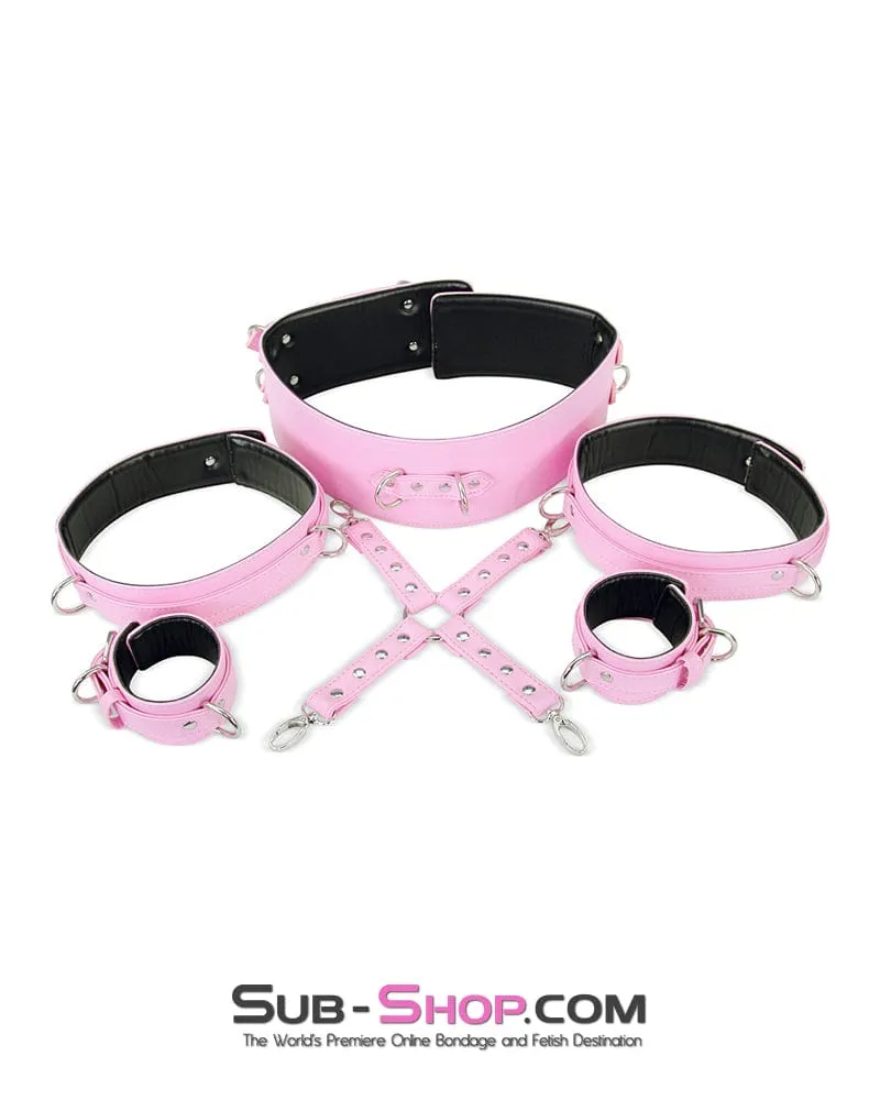 9945M      Pink Padded Bondage Belt, Thigh Cuffs, Wrist Cuffs and Connector Strap