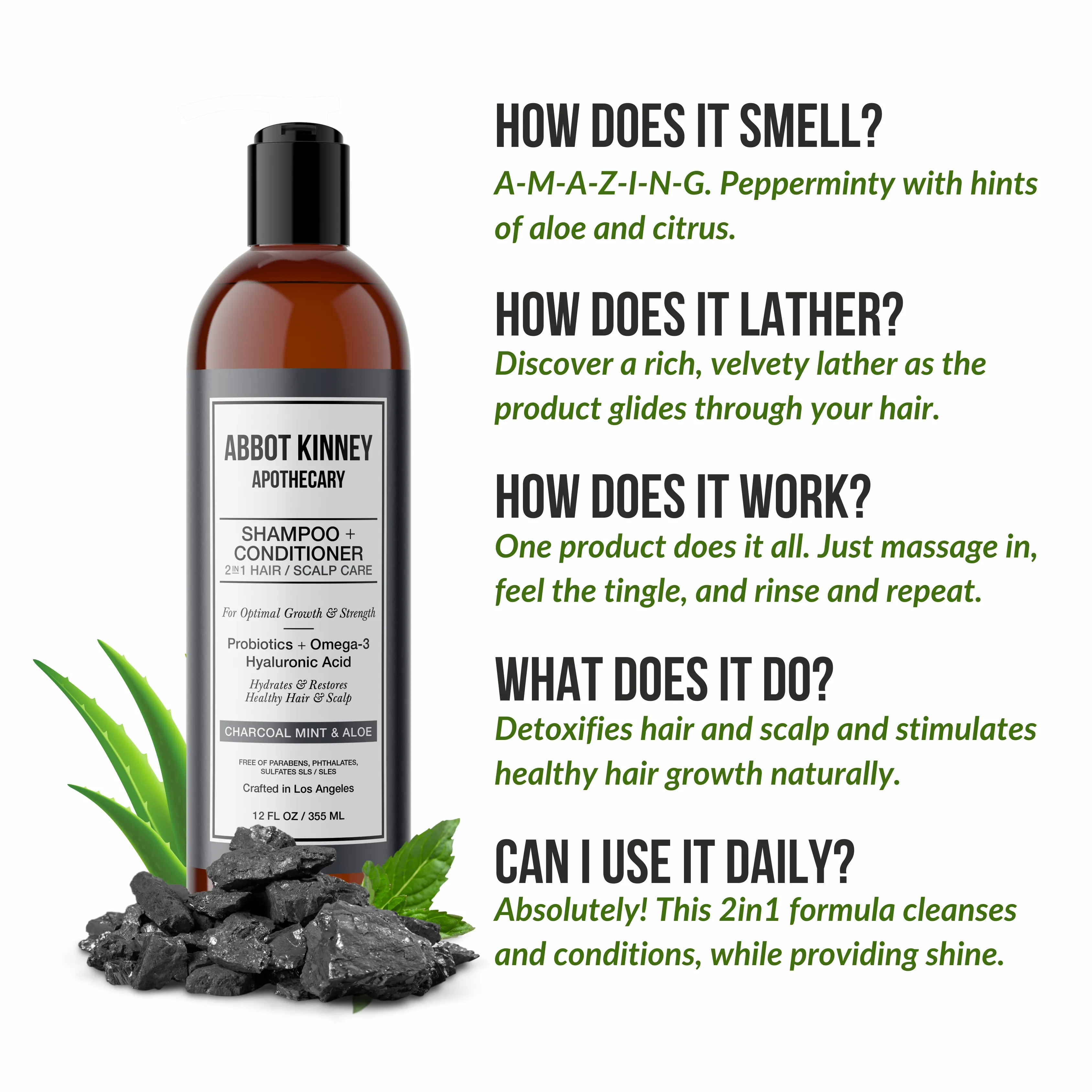 ABBOT KINNEY APOTHECARY Charcoal & Mint 2 in 1 Shampoo and Conditioner, Natural Scalp Care with Essential Oils & Hyaluronic Acid, 12 FL OZ / 355 ML