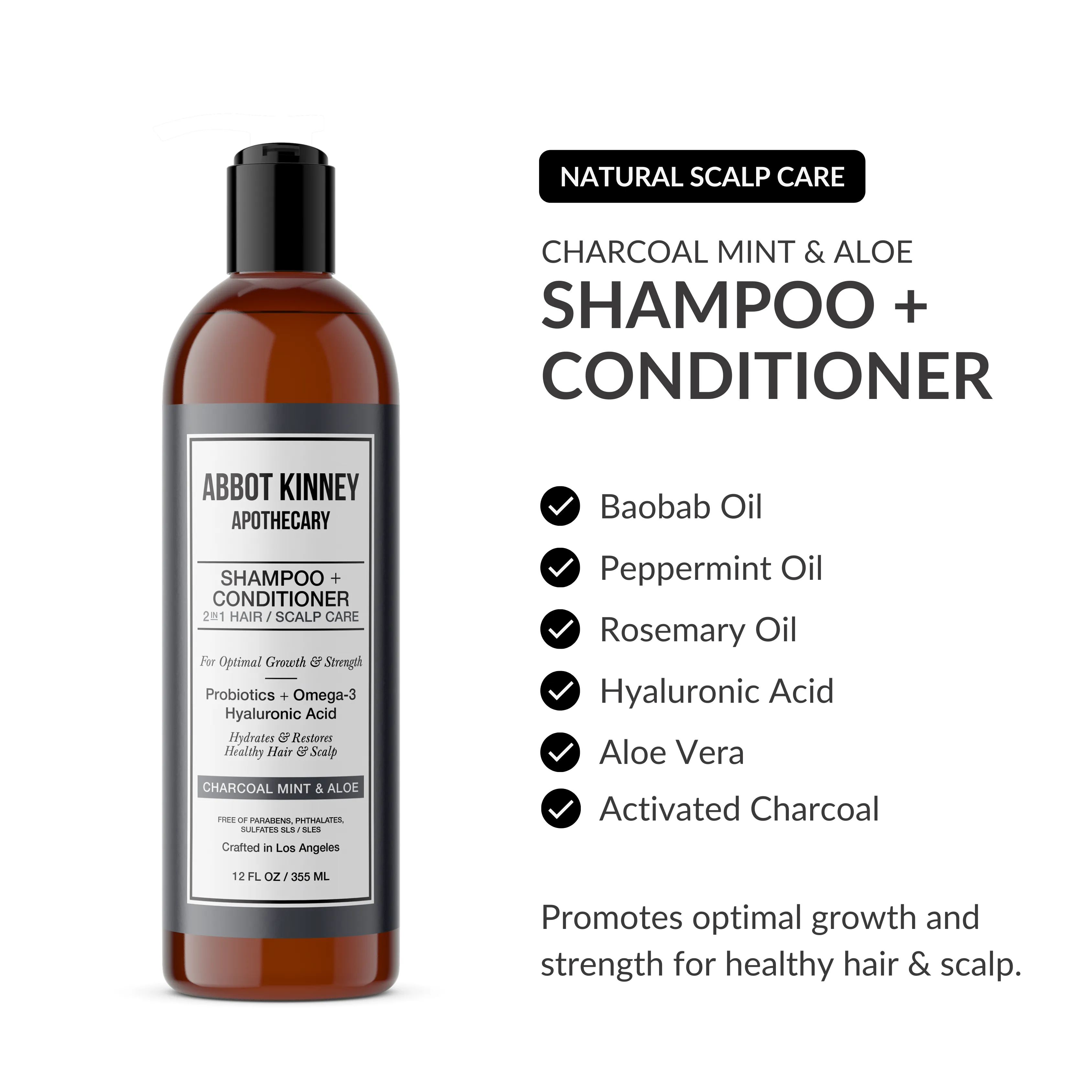 ABBOT KINNEY APOTHECARY Charcoal & Mint 2 in 1 Shampoo and Conditioner, Natural Scalp Care with Essential Oils & Hyaluronic Acid, 12 FL OZ / 355 ML