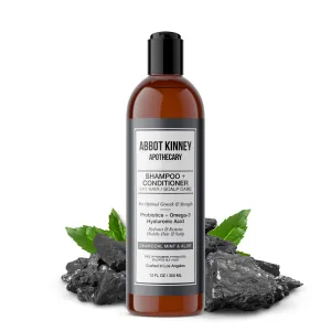 ABBOT KINNEY APOTHECARY Charcoal & Mint 2 in 1 Shampoo and Conditioner, Natural Scalp Care with Essential Oils & Hyaluronic Acid, 12 FL OZ / 355 ML