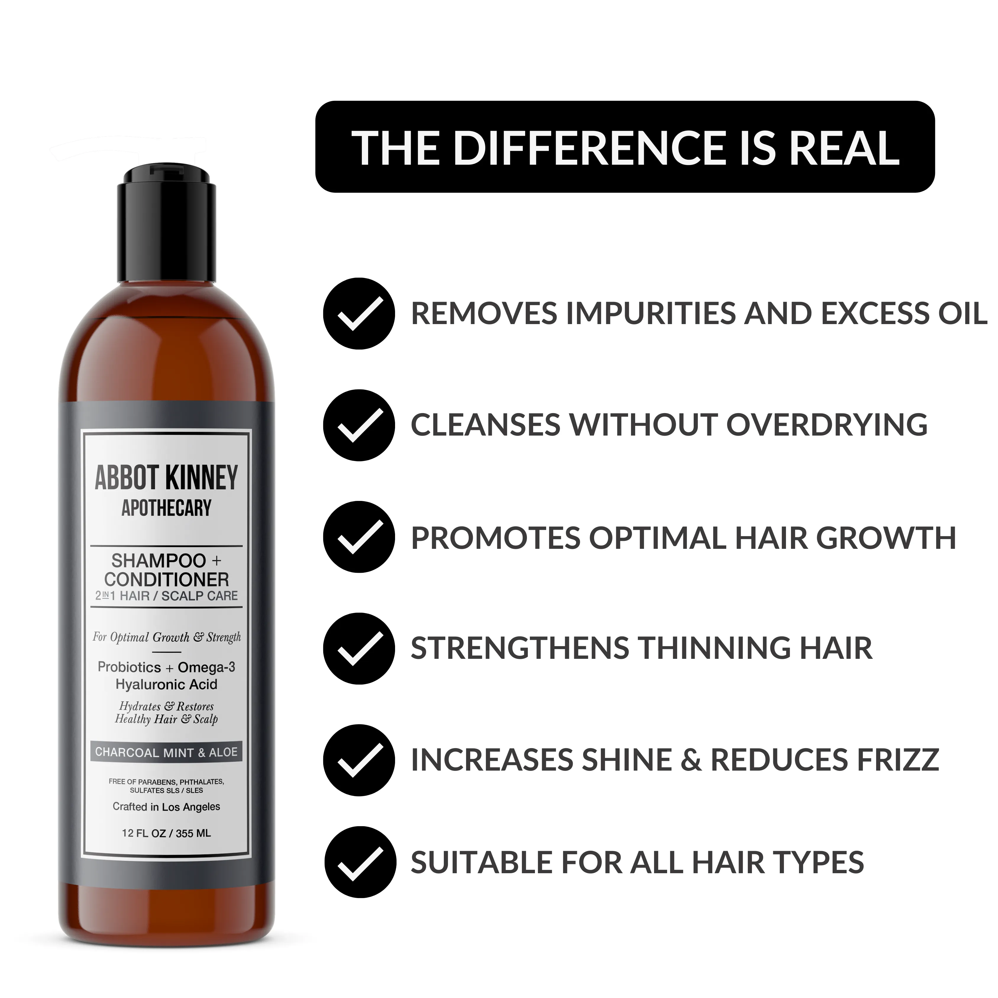 ABBOT KINNEY APOTHECARY Charcoal & Mint 2 in 1 Shampoo and Conditioner, Natural Scalp Care with Essential Oils & Hyaluronic Acid, 12 FL OZ / 355 ML