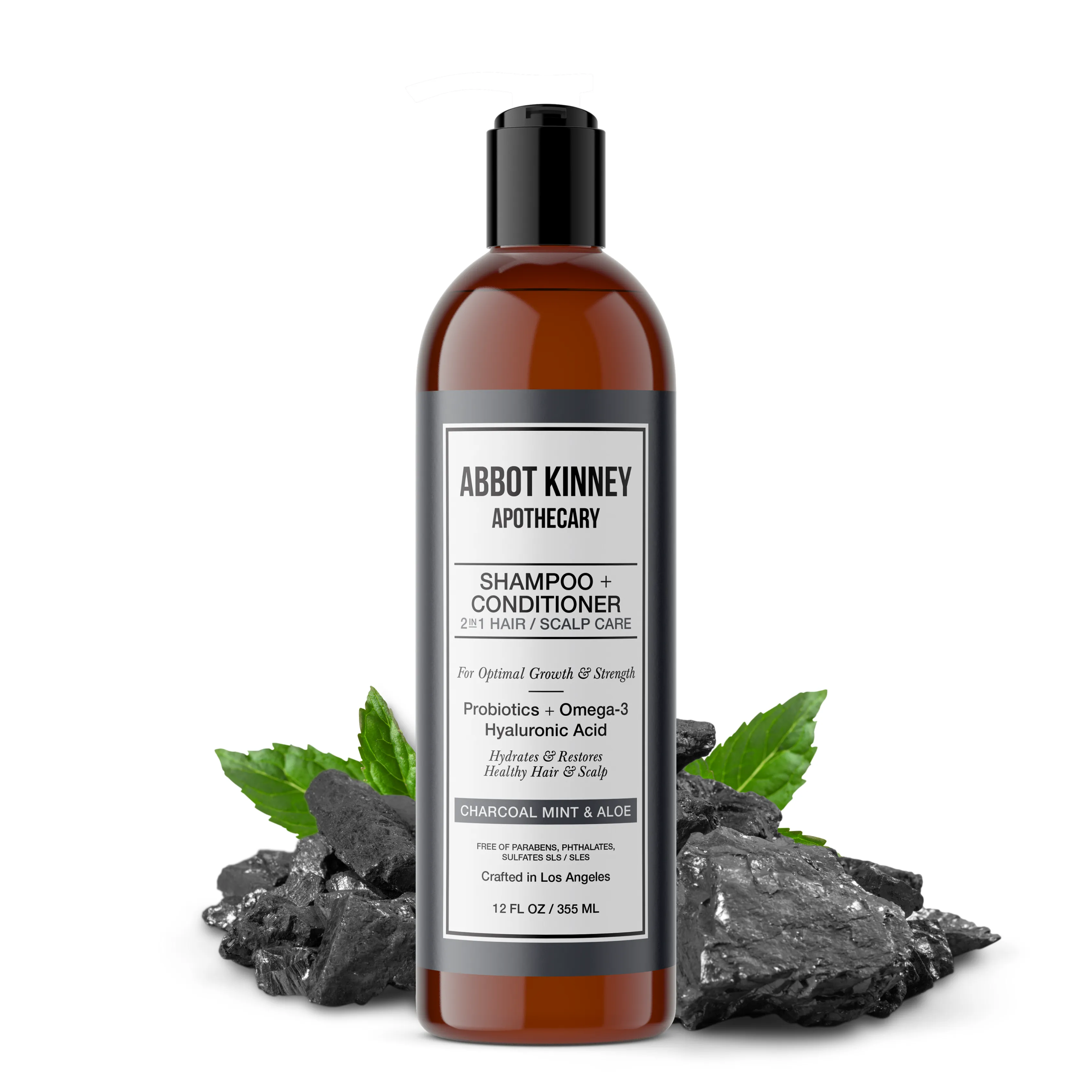 ABBOT KINNEY APOTHECARY Charcoal & Mint 2 in 1 Shampoo and Conditioner, Natural Scalp Care with Essential Oils & Hyaluronic Acid, 12 FL OZ / 355 ML