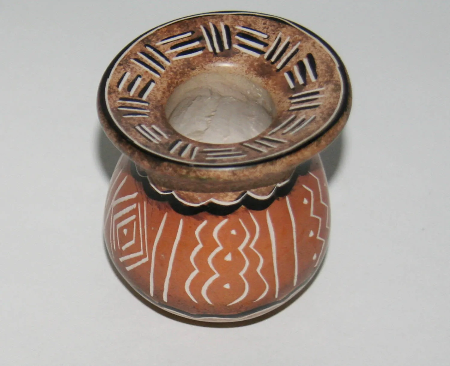 African Vase Soapstone Pottery Tribal Designs Etched in Burnished Browns Kenya 3"H X 2.5"D X 9"C