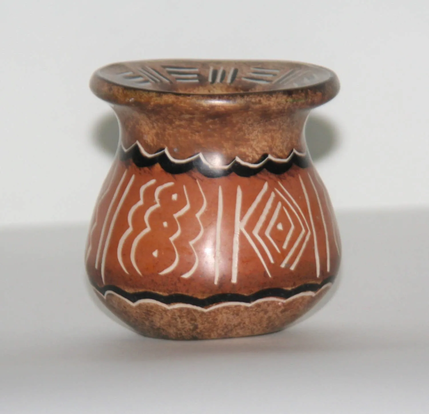 African Vase Soapstone Pottery Tribal Designs Etched in Burnished Browns Kenya 3"H X 2.5"D X 9"C