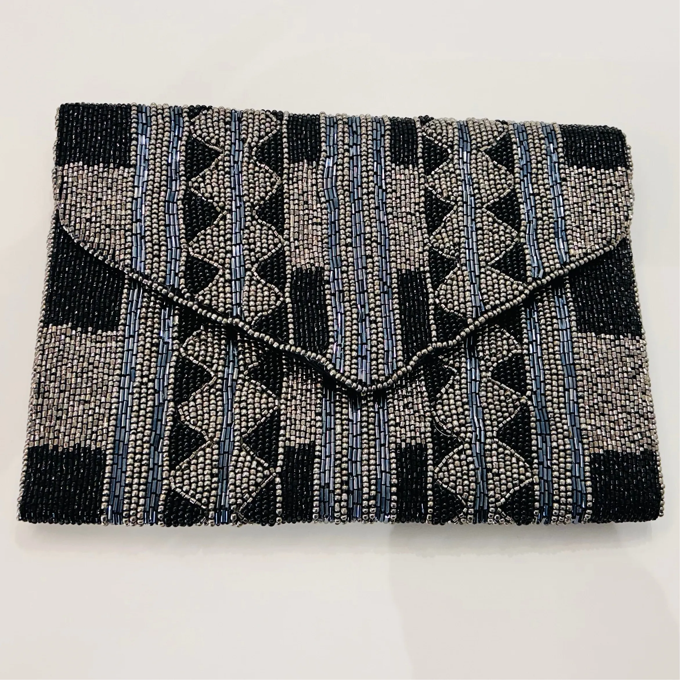 All-event-ready Sparkly Beaded Charcoal and Blue Clutch