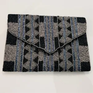 All-event-ready Sparkly Beaded Charcoal and Blue Clutch