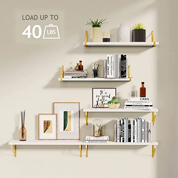 Amada White Floating Shelves Wall Mounted Set of 2, Modern Wall Shelf with Golden Metal Brackets, Perfect Decoration Display Faux Wood Shelves for Bedroom, Bathroom, Living Room, etc