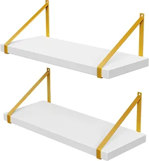 Amada White Floating Shelves Wall Mounted Set of 2, Modern Wall Shelf with Golden Metal Brackets, Perfect Decoration Display Faux Wood Shelves for Bedroom, Bathroom, Living Room, etc