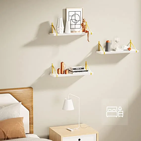 Amada White Floating Shelves Wall Mounted Set of 2, Modern Wall Shelf with Golden Metal Brackets, Perfect Decoration Display Faux Wood Shelves for Bedroom, Bathroom, Living Room, etc